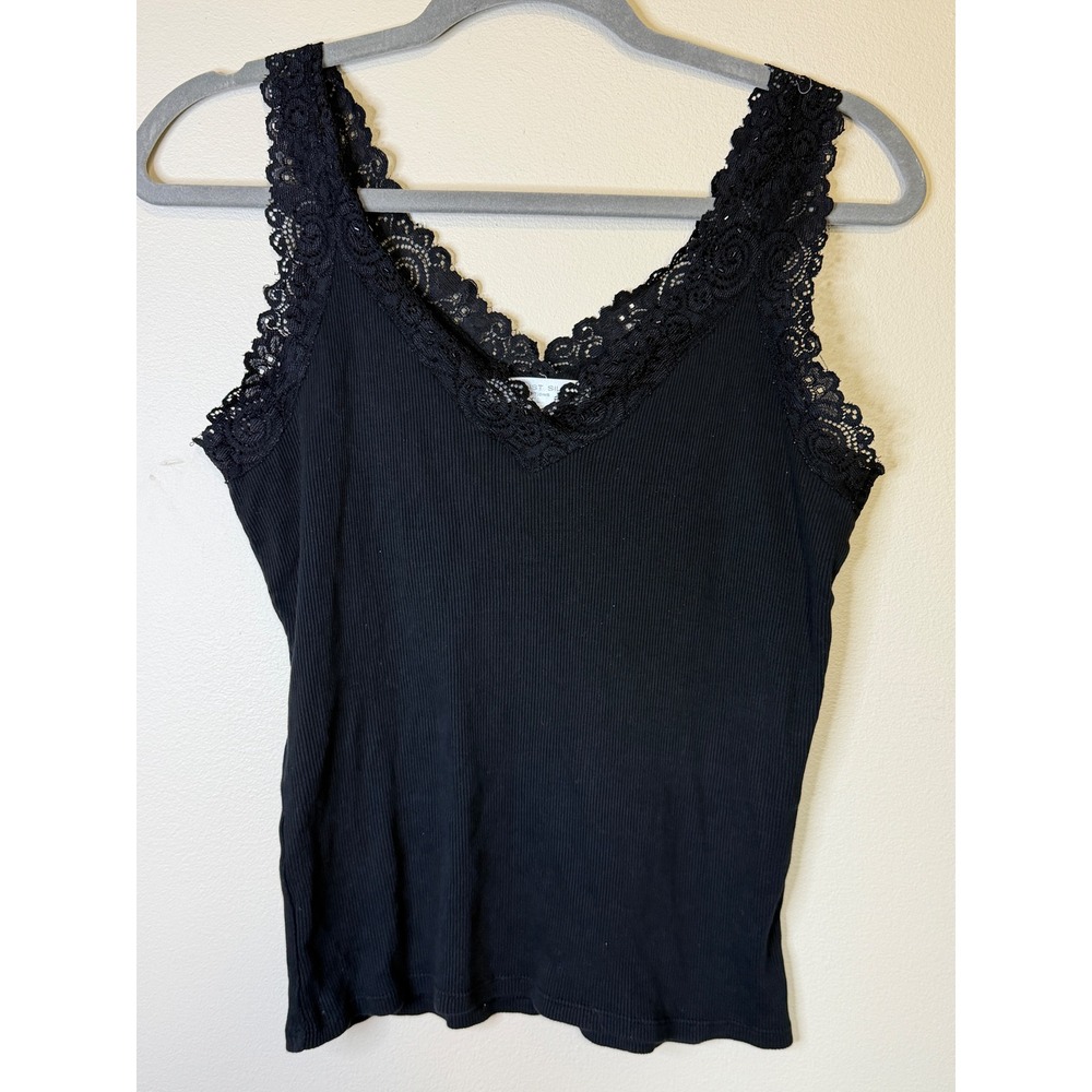 August Silk Black Ribbed Lace Trim Cami Tank Top Size M Y2K 90s
